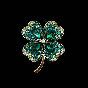 Jeweled Four Leaf Clover Brooch Pin Rhinestones New